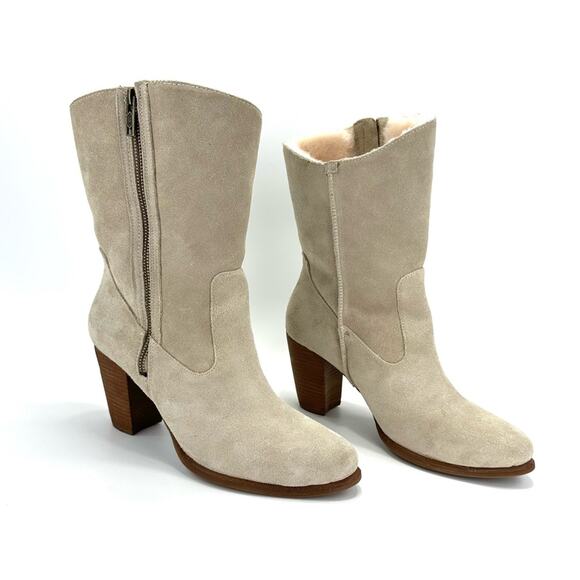 Ugg Lynda Western Boot Size 11 Natural Suede Sheepskin Fur Lined Cuban High Heel - Picture 11 of 15